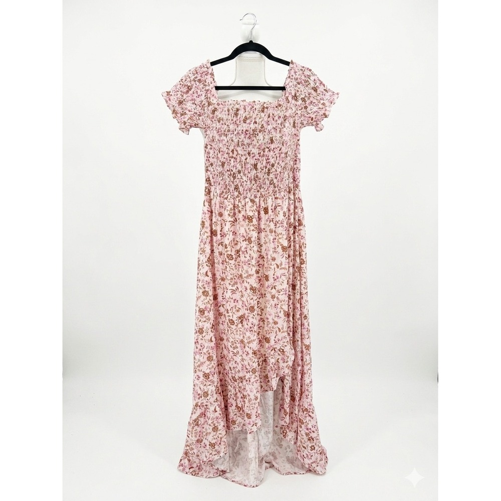 Francescas Perdita Pink Floral Smocked High Low Maxi Dress Large NWT PERDITAR149